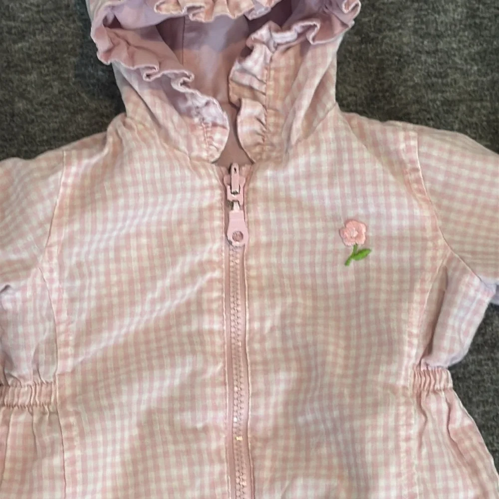 Oshkosh, pink lilac, lavender gingham, checked reversible, hooded jacket 6–9mos